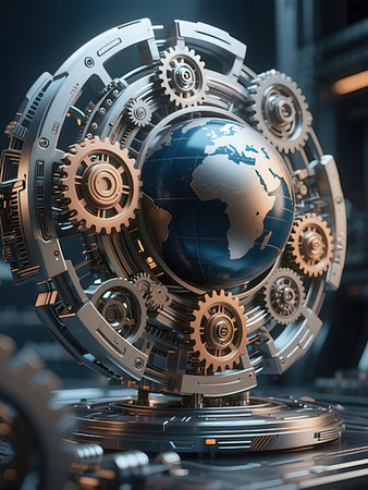 Globe and gears on a dark background. 3D rendering.の写真素材