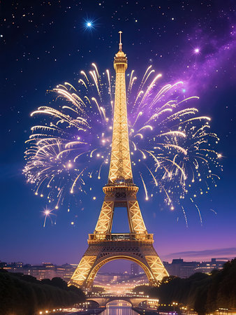 Eiffel tower with fireworks at night in Paris, France.の写真素材
