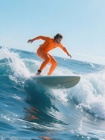 Surfer in orange suit riding a wave on a sunny summer dayの写真素材
