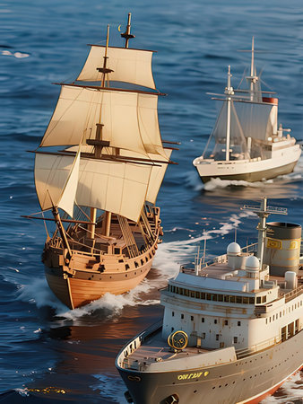 Three ships in the sea. 3D illustration. 3D rendering.の写真素材