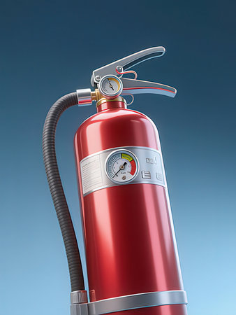 Red fire extinguisher on blue background. 3d render illustration.