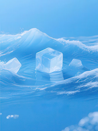 ice cubes on water surface with waves and ripples, abstract backgroundの写真素材