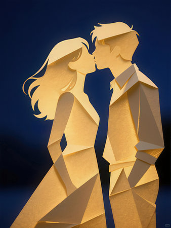 Silhouette of a loving couple against a dark blue background.の写真素材
