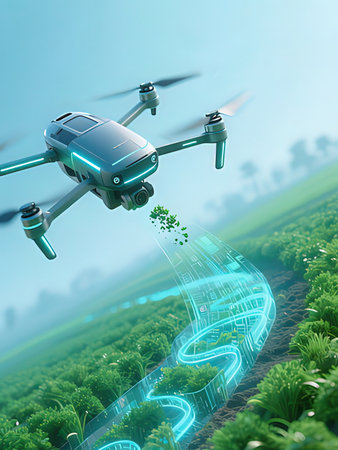 Drone flying in the green field. 3d illustration. Digital image.