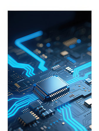 Circuit board close-up with electronic components. Technology background. 3d render