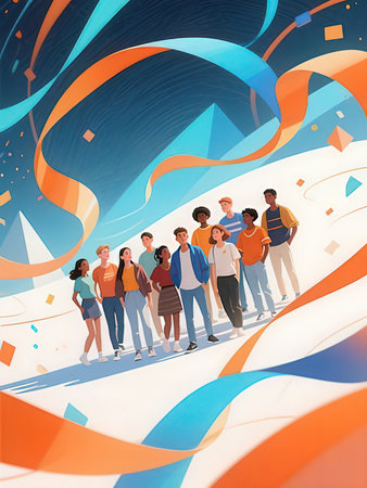 Group of young people standing on the background of confetti. Vector illustration.の写真素材