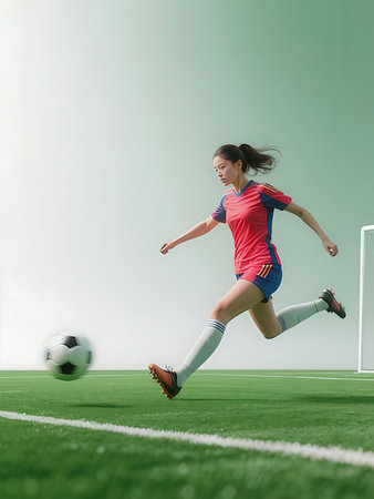 Young female soccer player on stadium kicking the ball. Female football player on green field.の写真素材