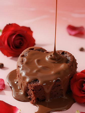 Chocolate fondant with red roses on pink background, closeupの写真素材