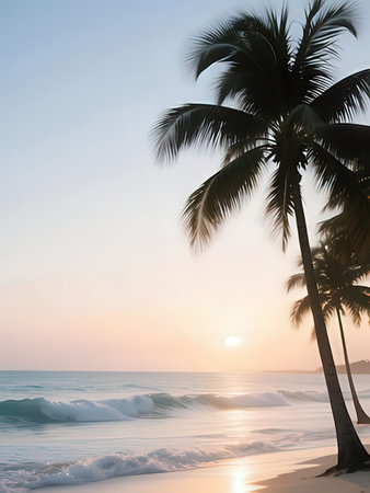 Palm trees on the beach in the morning. Beautiful nature background.の写真素材