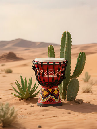 African djembe drum in the middle of the desert with cactusの写真素材