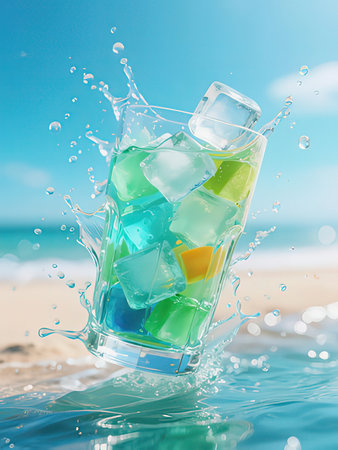 Cocktail splashing out of a glass with ice cubes on the beach