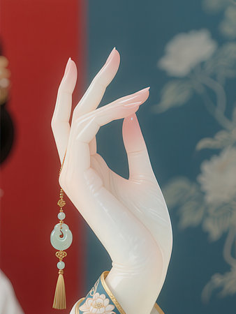 Hand of a mannequin with a gold earringの写真素材
