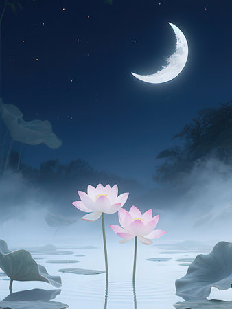 Illustration of two pink lotus flowers and moon in the nightの写真素材