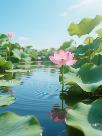Pink lotus flower in the pond with green leaves and blue skyの写真素材