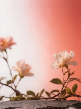 Open book with pink flowers on blurred background.の写真素材