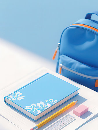Back to school concept with blue backpack, books, pencils and eraser on table. 3D Renderingの写真素材