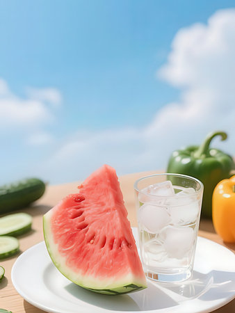 Watermelon and cucumber on the table with blue sky background.の写真素材