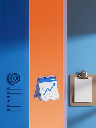 Blue and orange background with calendar and paperclip. 3d renderingの写真素材