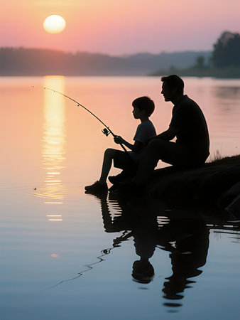 Silhouette of father and son fishing together on the lake at sunsetの写真素材