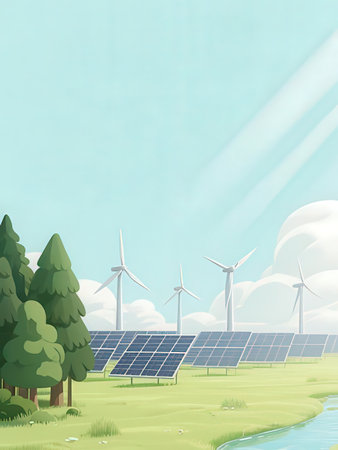 Solar panels and wind turbines on the green field. Vector illustration.