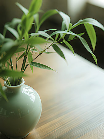 Green plant in ceramic vase on wooden table in living room.の写真素材