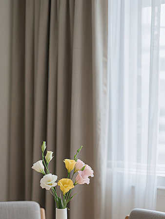 Flowers in a vase on a white chair in the roomの写真素材