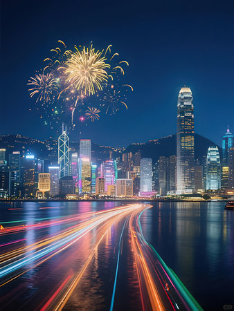 Hong Kong cityscape at night with firework in Hong Kong.の写真素材