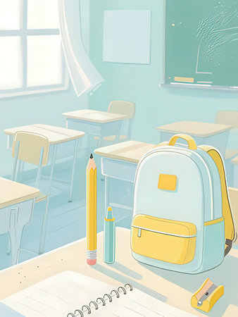Back to school. School supplies in the classroom. Vector illustration.の写真素材