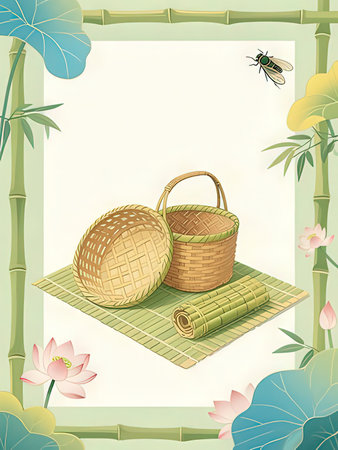 Illustration of a bamboo basket with flowers and bees on a bamboo matの写真素材