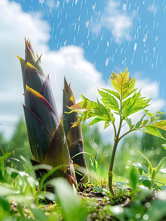 Bamboo shoots with raindrops on a background of green grass.