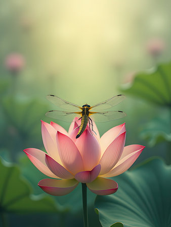 Beautiful lotus flower with dragonfly on the nature background.の写真素材