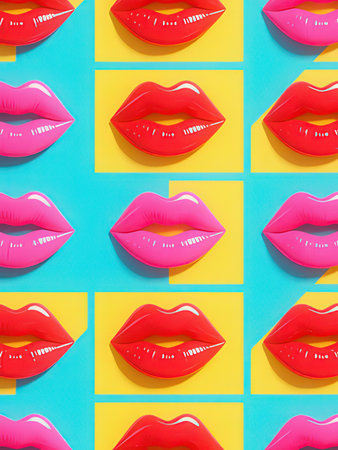 Seamless pattern of red lips on a blue and yellow background