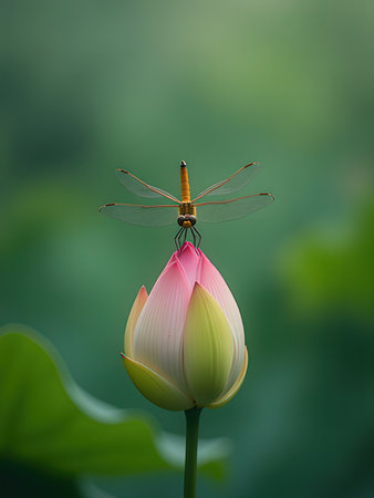 Dragonfly on the lotus flower in the pond, Thailand.の写真素材