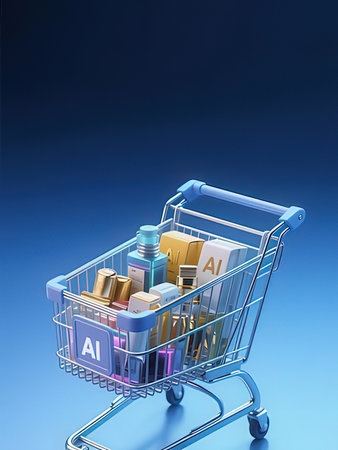 Shopping cart with items on blue background. 3D illustration.の写真素材