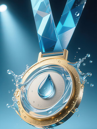 Silver medal with water drop on blue background. 3D illustration.