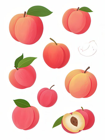 Peach vector illustration set. Isolated on white background.