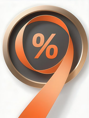 Highly rendering of percentage symbol on white background with orange ribbon.