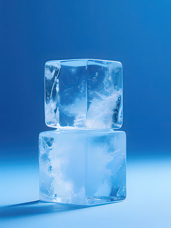 Ice cubes on blue background. Minimalism style. Copy space.