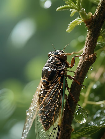 Cicada sitting on a twig with dew drops.