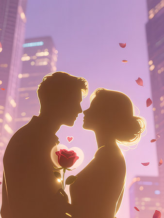 Silhouette of loving couple with rose in the city at night