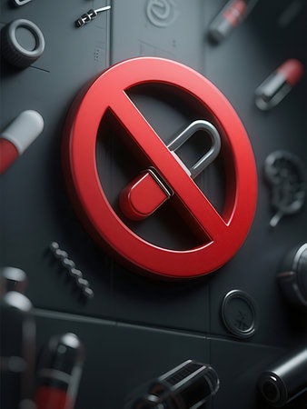 Red forbidden sign on the wall, 3d rendering. Computer digital drawing.