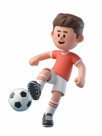 3D illustration of a cartoon character playing soccer. Isolated white background.の写真素材