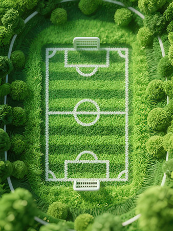 Soccer field with grass, top view. 3d rendering.の写真素材