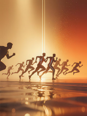 Marathon runners running in the sunset. 3d render illustration.