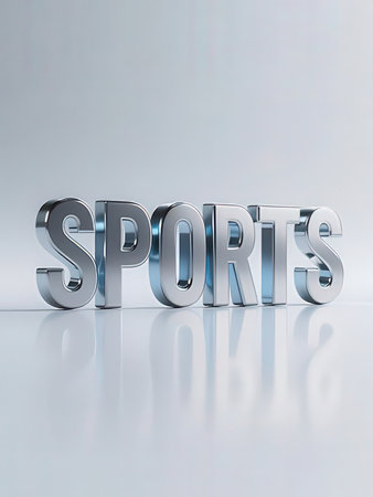 3d render of silver sports text on a white background with reflectionの写真素材