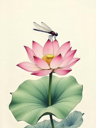Pink lotus flower with dragonfly on white background. Vector illustration.