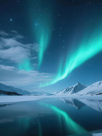 Aurora borealis, northern lights over snowy mountains at night