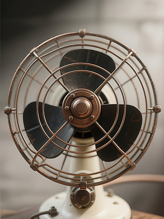 Vintage electric fan on wooden table. Close up. Selective focus.