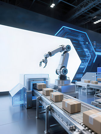 3d rendering robotic arm working on conveyor belt in factory warehouseの写真素材