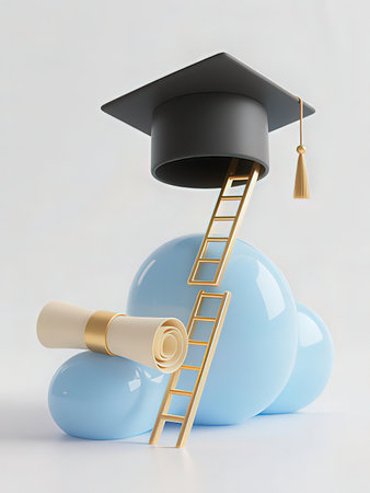 Graduation cap and ladder on blue balls. 3D rendering.の写真素材
